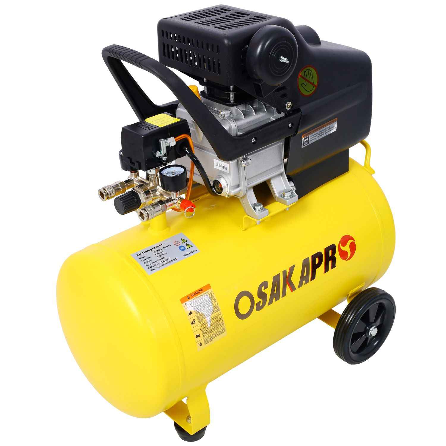 4.5HP Portable 13 Gallons Oil-Lubricated Air Compressor Tank Ultra Quiet Horizontal Tank Adjustable Pressure with Built-in Wheel Osakapro