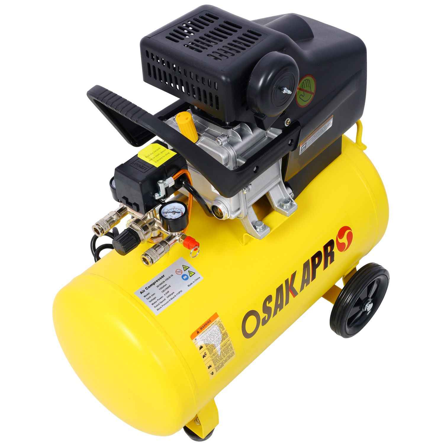 4.5HP Portable 13 Gallons Oil-Lubricated Air Compressor Tank Ultra Quiet Horizontal Tank Adjustable Pressure with Built-in Wheel Osakapro