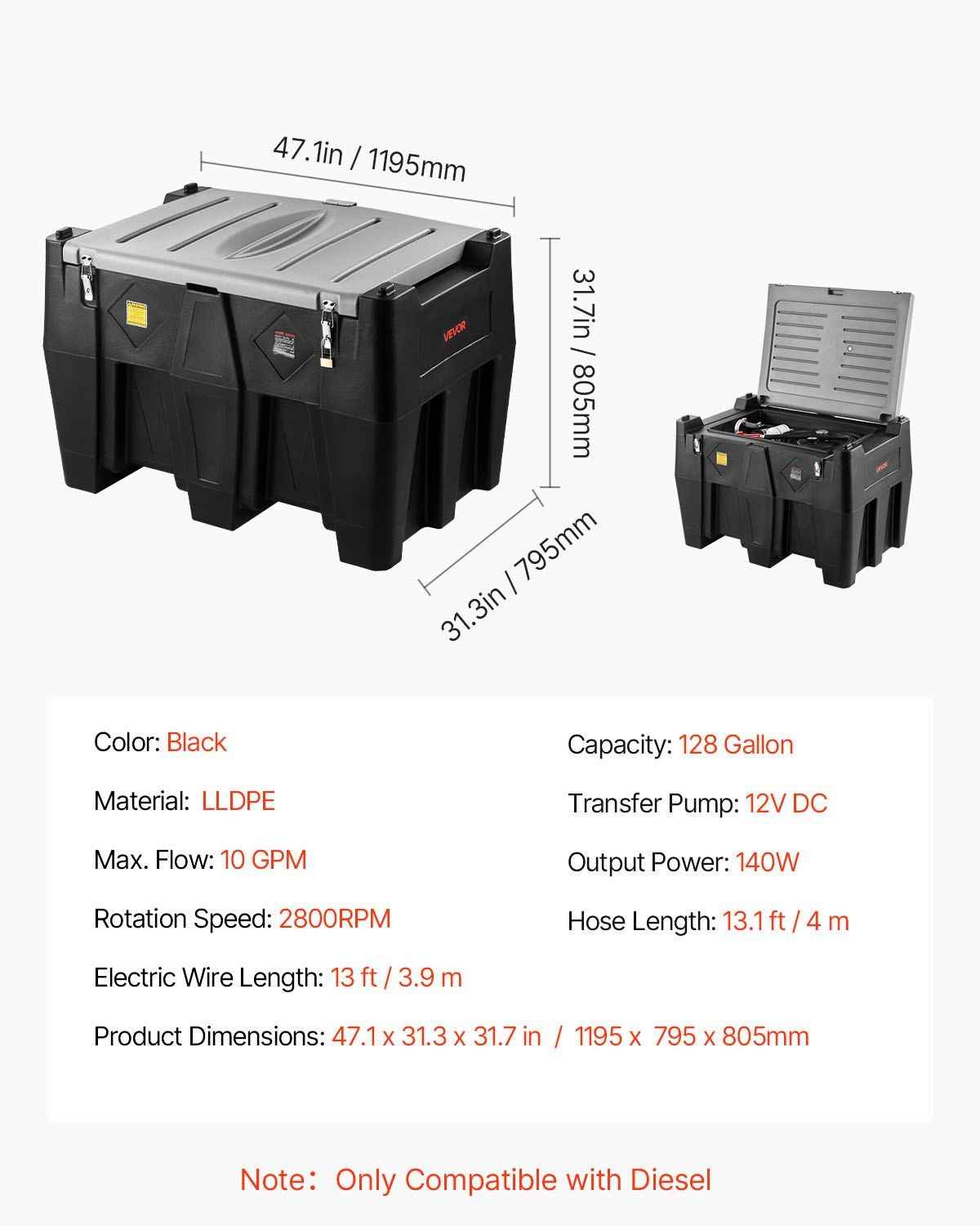 Portable Diesel Tank, 128 Gallon Capacity & 10 GPM Flow Rate, Gas Fuel Tank with 12V Electric Transfer Pump and 13.1ft Rubber Hose, PE Diesel Transfer Tanks for Easy Fuel Transportation, Black Vevor