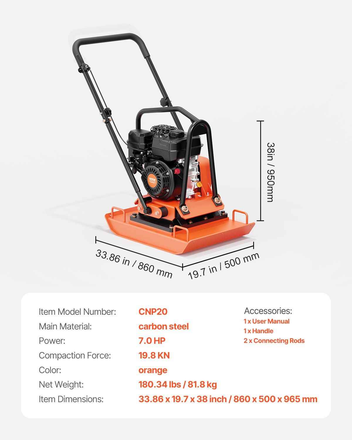 Plate Compactor 7.0 HP Engine 432 sq. in Plate 5400 RPM Ground Compactor Rammer Vevor