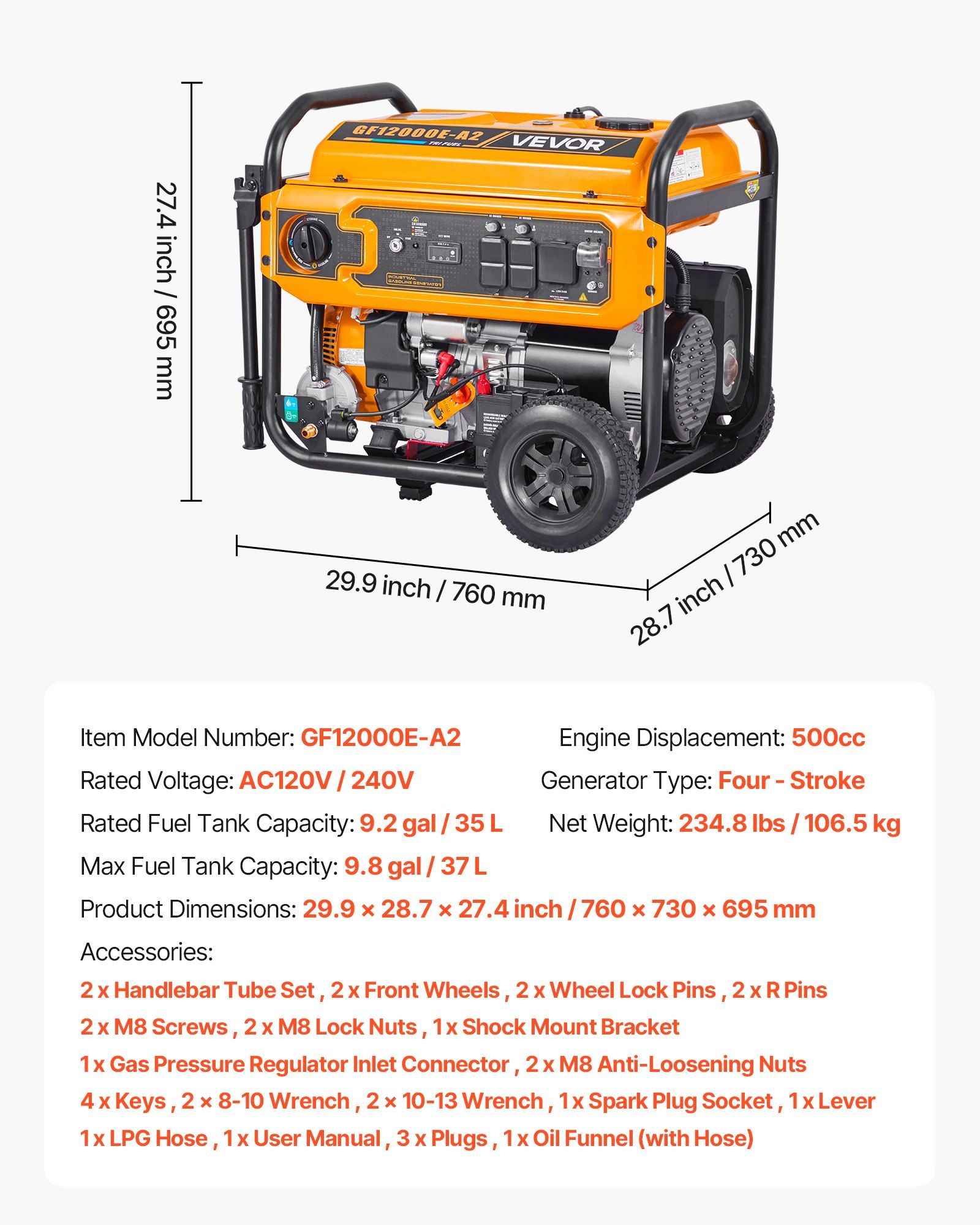 VEVOR 13,500W Tri-Fuel Portable Generator Electric Start Vevor