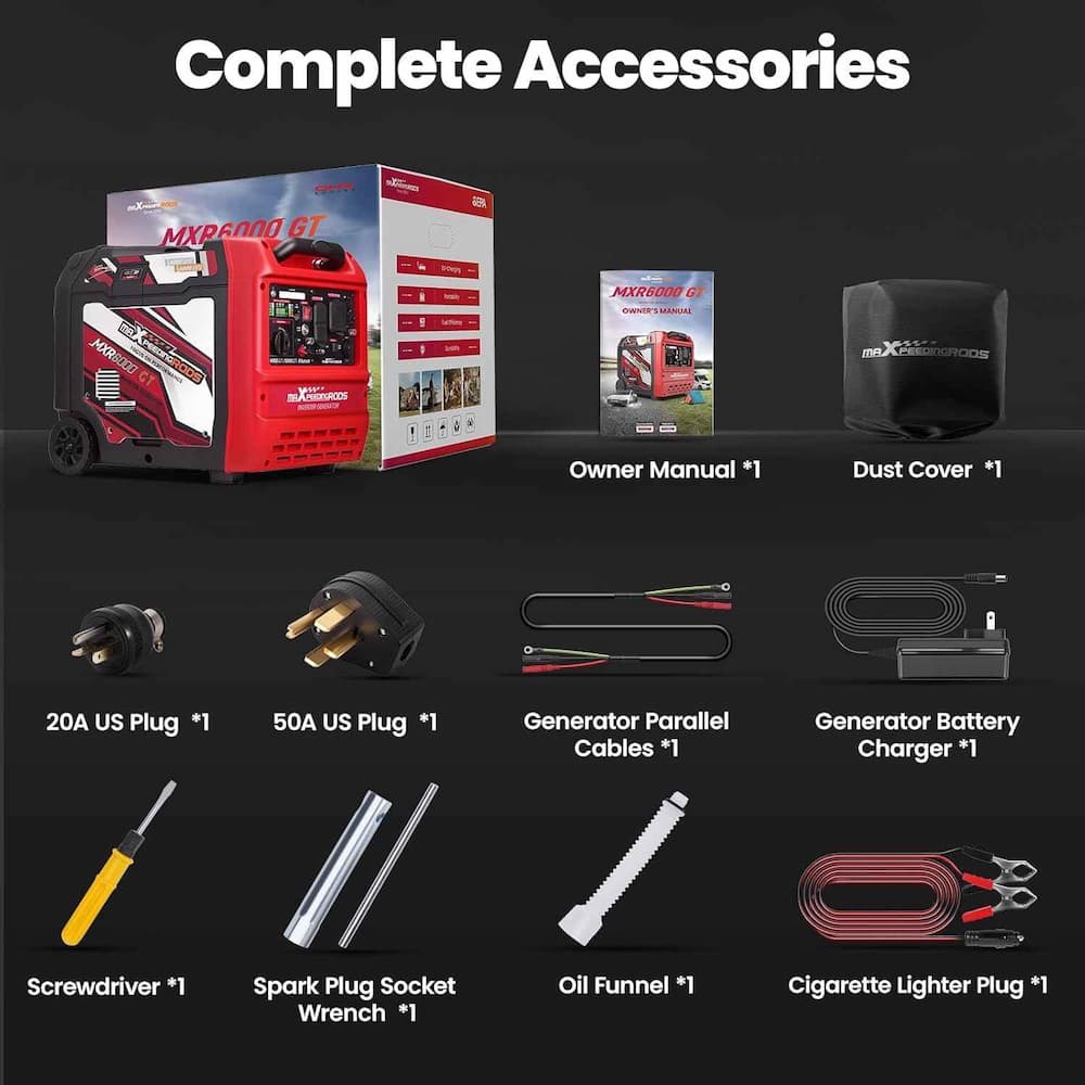 MXR6000GT included accessories: dust cover, parallel cables, battery charger, oil funnel, spark plug wrench