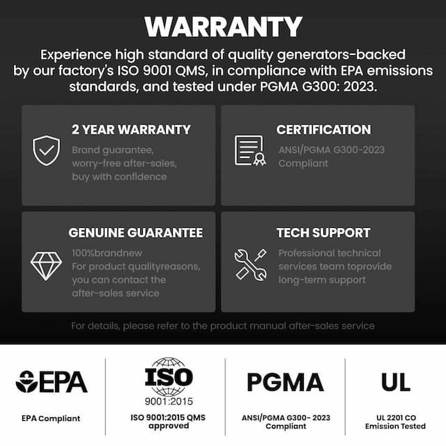 MXR6000GT certifications: 2-year warranty, EPA compliant, ISO 9001, UL 2201, PGMA G300-2023