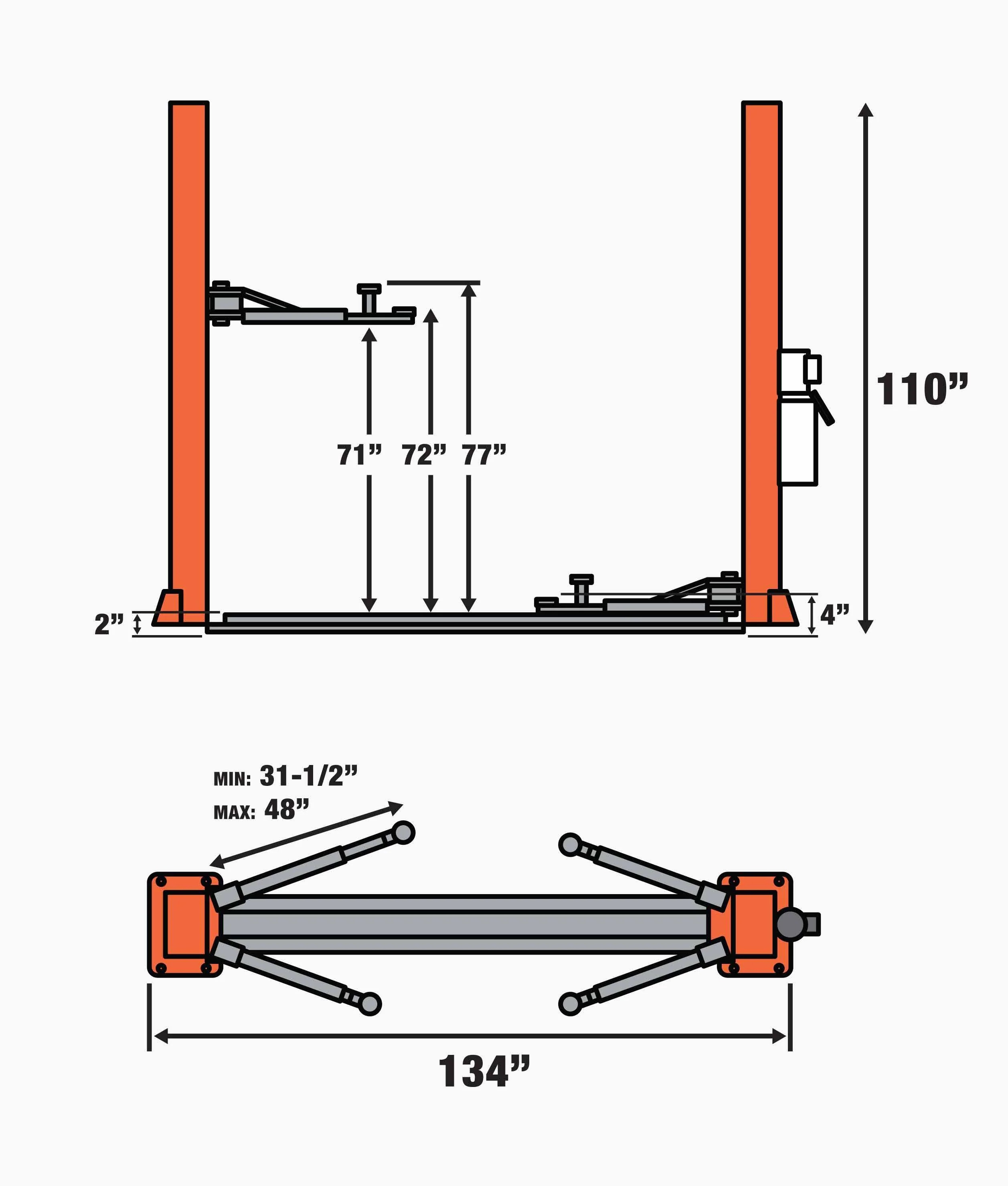 10,000-lb Two Post Floor Plate Auto Lift, Symmetric Arms, 77" Lift Height, Dual-Point Lock Release, TMG-TPL45 TMG Industrial