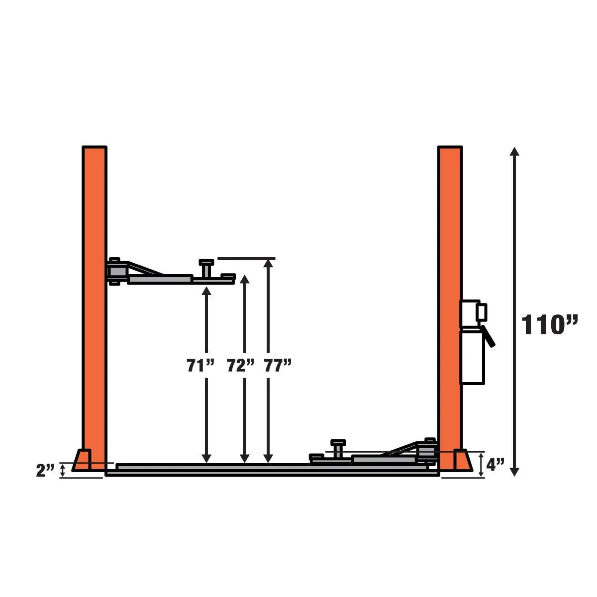 10,000-lb Two Post Floor Plate Auto Lift, Symmetric Arms, 77" Lift Height, Dual-Point Lock Release, TMG-TPL45 TMG Industrial
