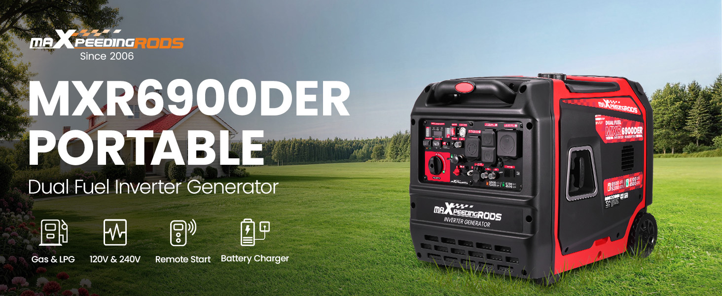 MXR6900DER 6900W Dual Fuel Quiet Gas/LPG Inverter Generator 120V/240V for Home Backup