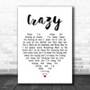 Patsy Cline Crazy White Heart Song Lyric Music Wall Art Print