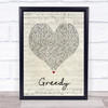 Ariana Grande Greedy Script Heart Song Lyric Quote Print