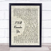 Sarah McLachlan I Will Remember You Vintage Script Song Lyric Quote Music Print