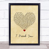 America I Need You Vintage Heart Song Lyric Wall Art Print