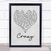 Patsy Cline Crazy Grey Heart Song Lyric Music Wall Art Print