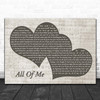 John Legend All Of Me Landscape Music Script Two Hearts Song Lyric Print