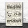 The Blue Nile Saturday Night Vintage Script Song Lyric Print