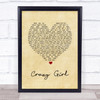 Eli Young Band Crazy Girl Vintage Heart Song Lyric Music Wall Art Print