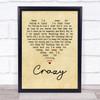 Patsy Cline Crazy Vintage Heart Song Lyric Music Wall Art Print