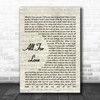 All For Love Rod Stewart Song Lyric Vintage Script Music Wall Art Print