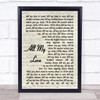 George Ezra All My Love Vintage Script Song Lyric Music Wall Art Print