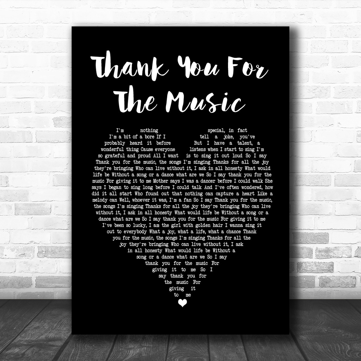 Abba Thank You For The Music Black Heart Song Lyric Poster Print Song Lyric Designs