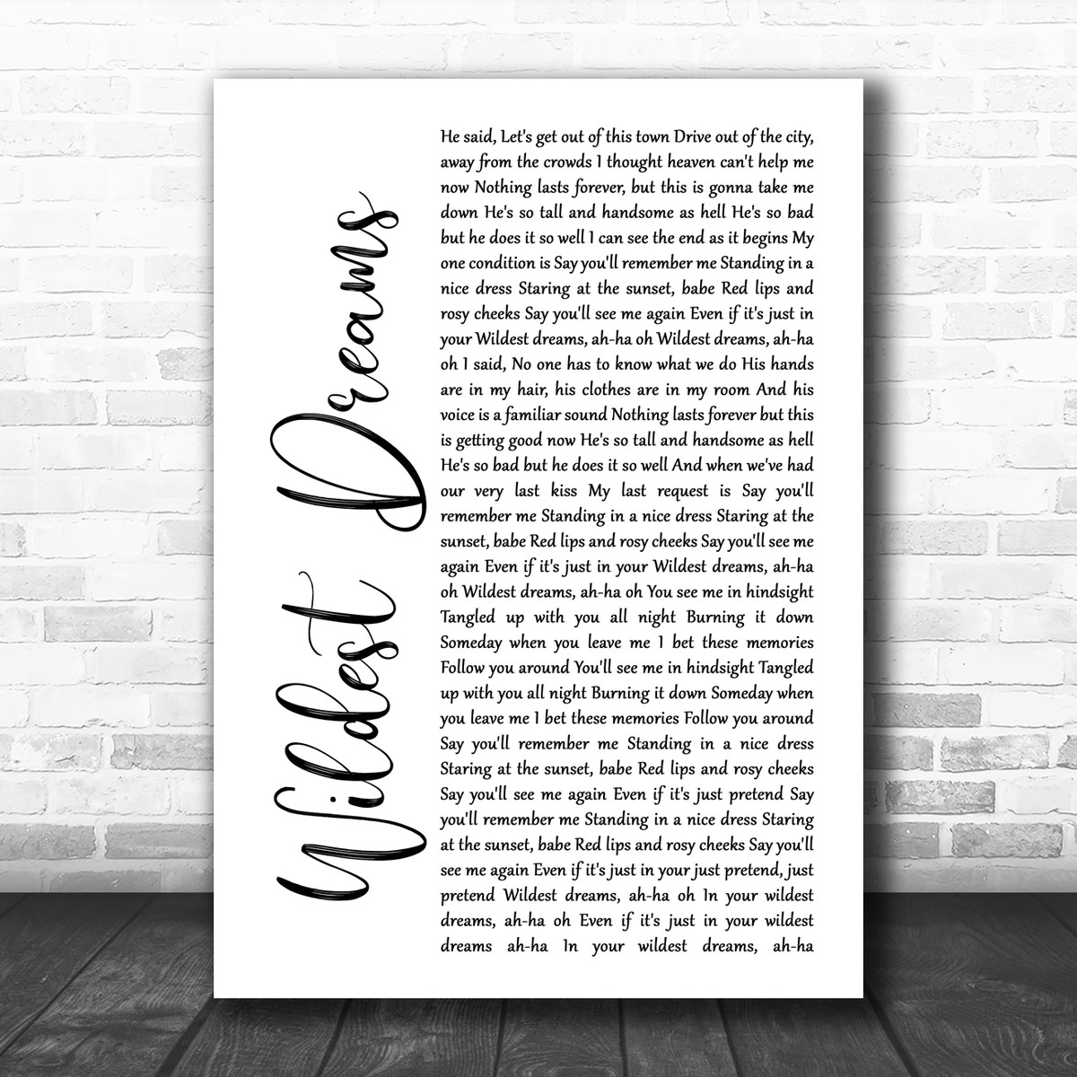 Taylor Swift Wildest Dreams White Script Song Lyric Poster Print