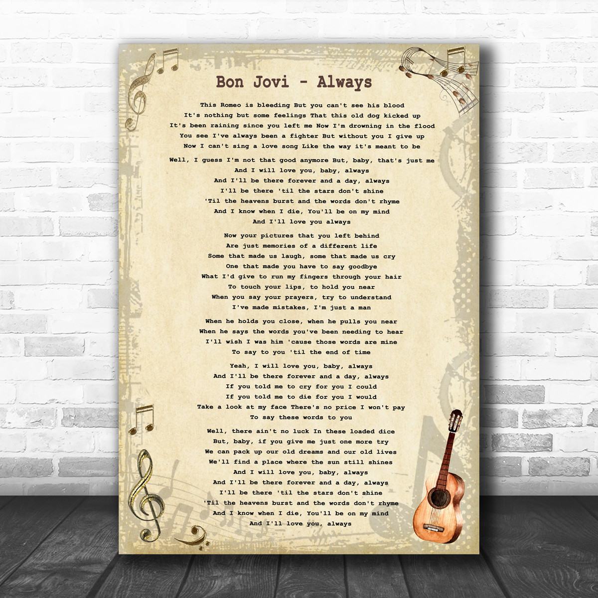 Bon Jovi Always Vintage Guitar Song Lyric Poster Print Song Lyric Designs