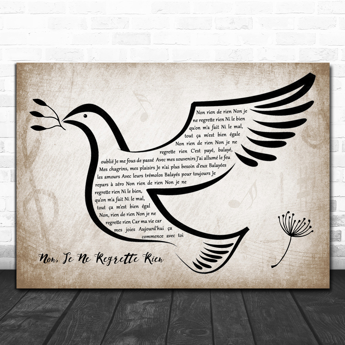 Edith Piaf Non Je Ne Regrette Rien Vintage Dove Bird Song Lyric Quote Music Print Song Lyric Designs