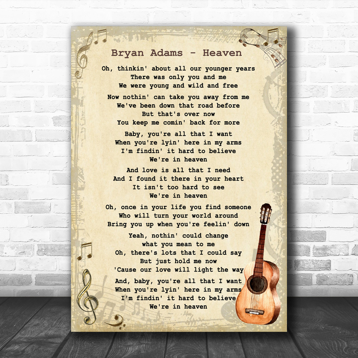 Bryan Adams Heaven Song Lyric Vintage Music Wall Art Print Song Lyric Designs