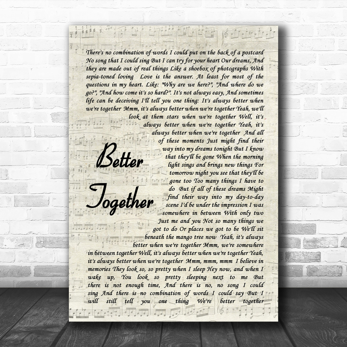 Better Together Jack Johnson Song Lyric Vintage Script Music Wall Art Print Song Lyric Designs