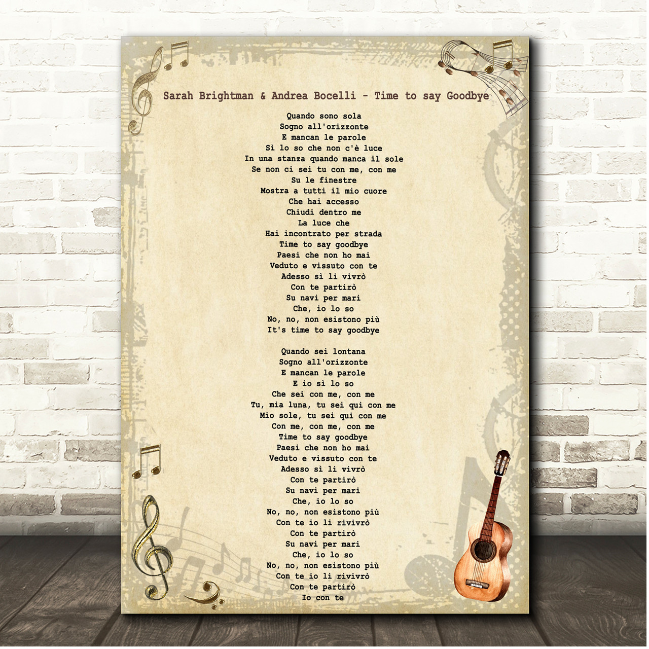 Sarah Brightman & Andrea Bocelli Time to say Goodbye Vintage Guitar Song  Lyric Print - Song Lyric Designs