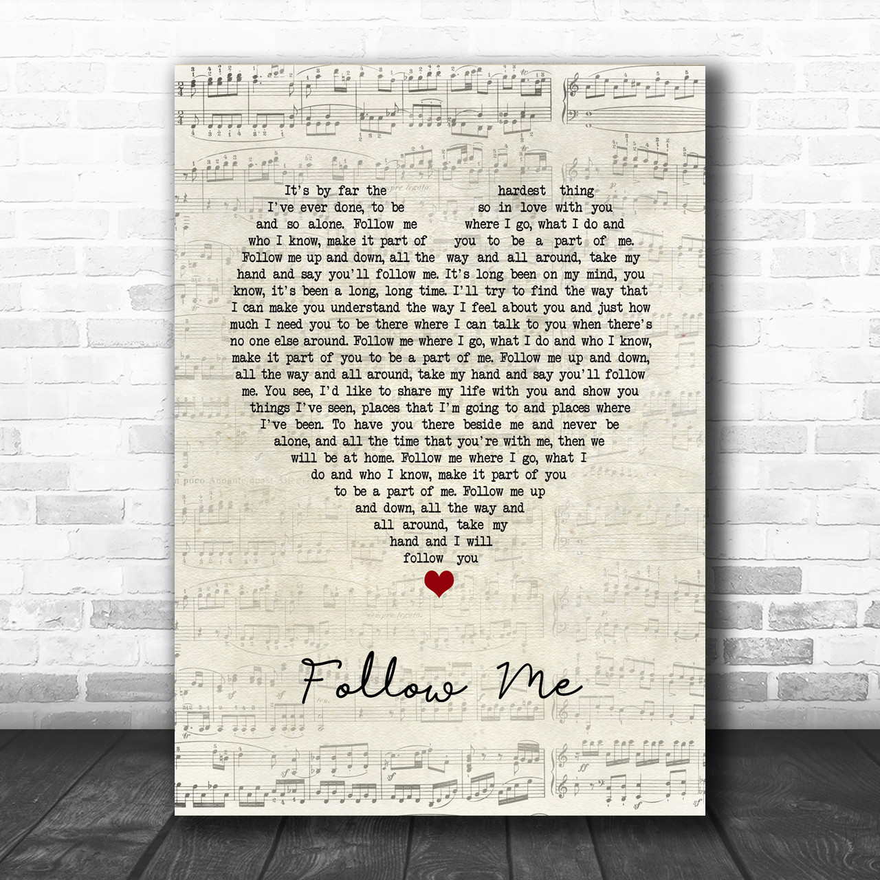 John Denver Follow Me Script Heart Song Lyric Quote Music Print