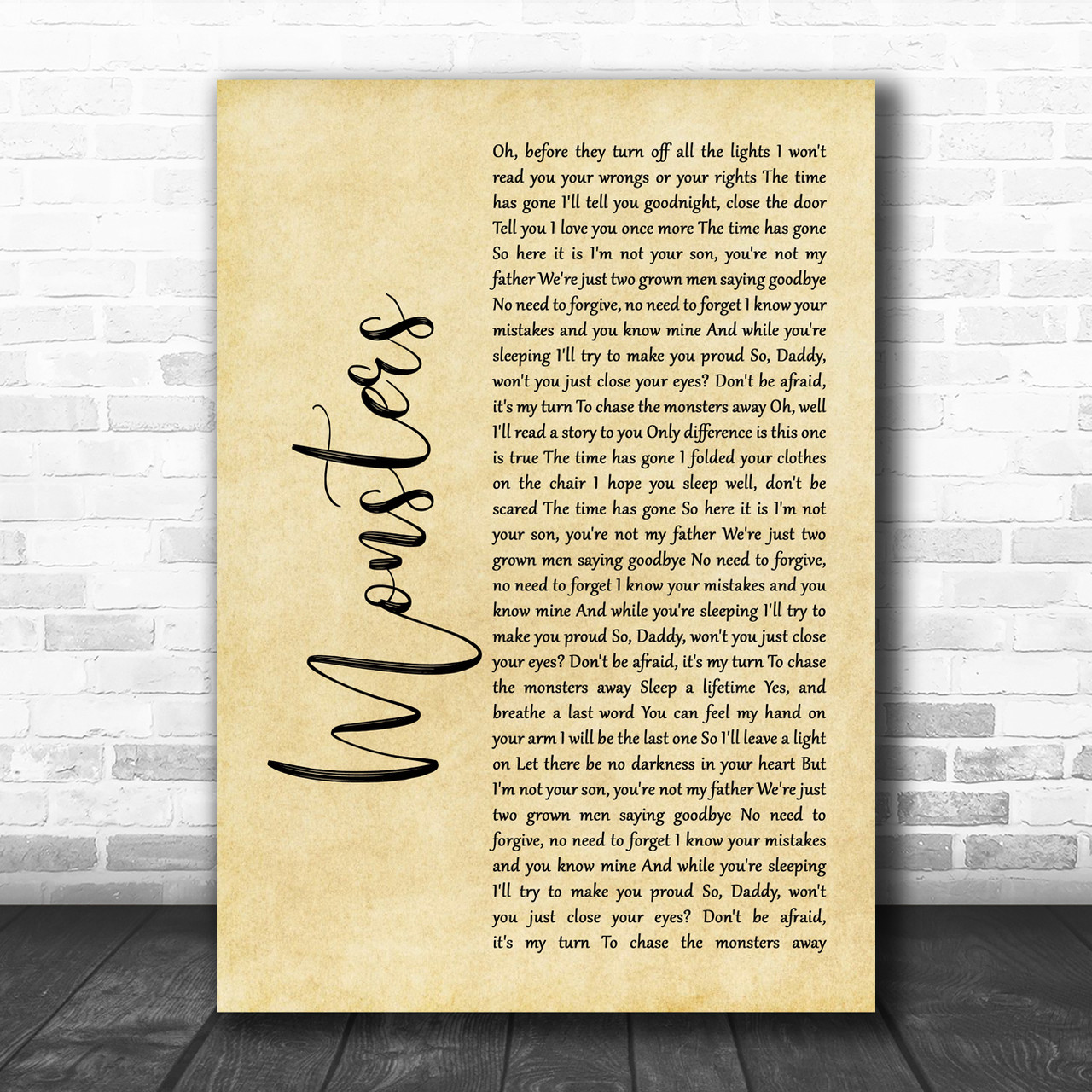 James Blunt Monsters Rustic Script Song Lyric Wall Art Print