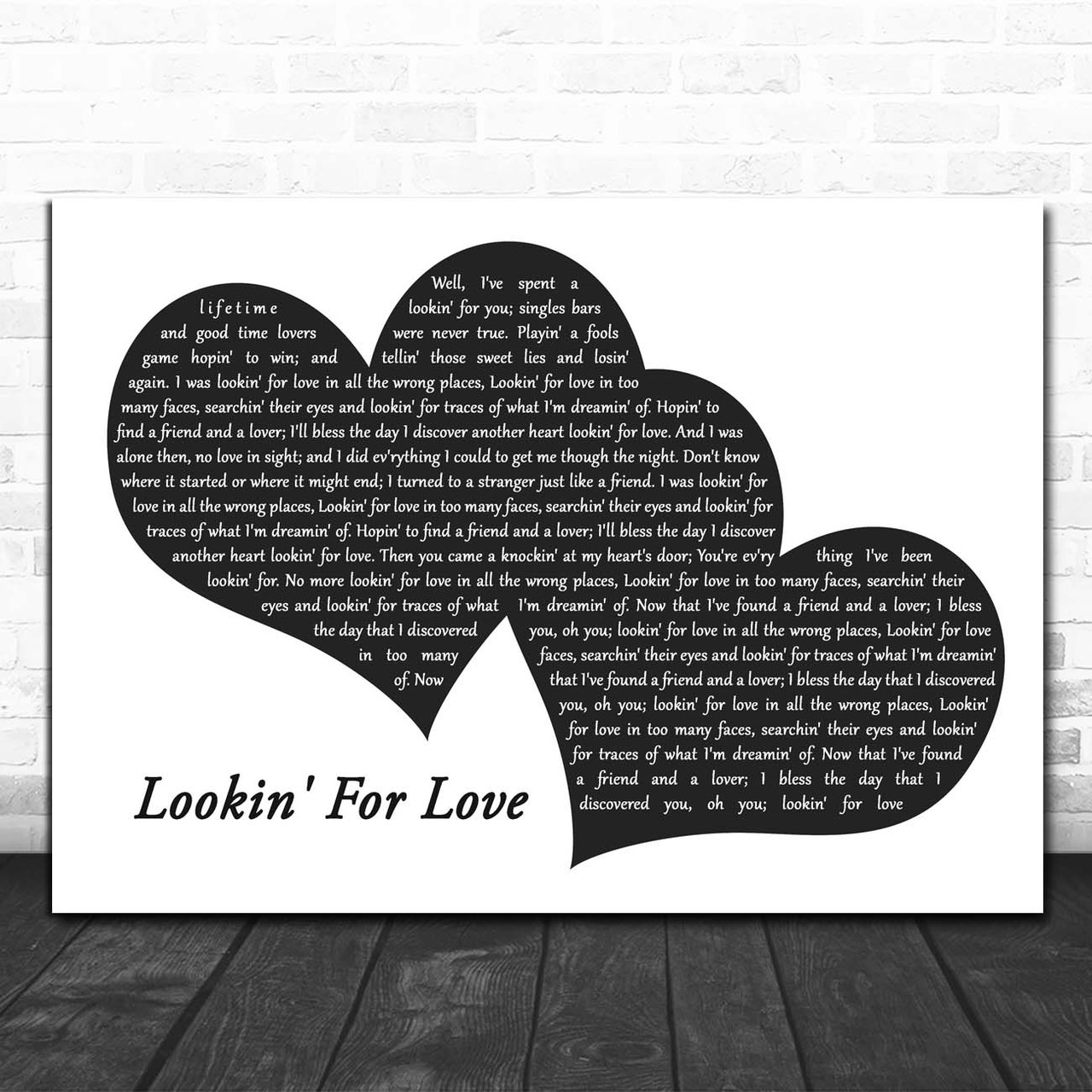 Johnny Lee Lookin' For Love Landscape Black & White Two Hearts Song Lyric  Print - Song Lyric Designs