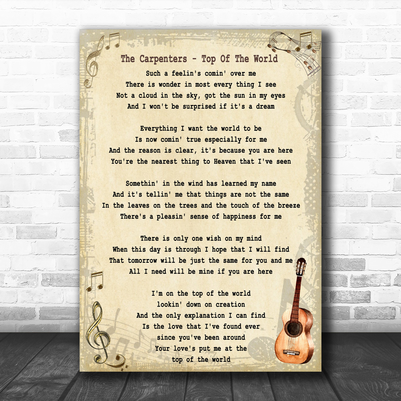 The Carpenters Top Of The World Song Lyric Vintage Music Wall Art