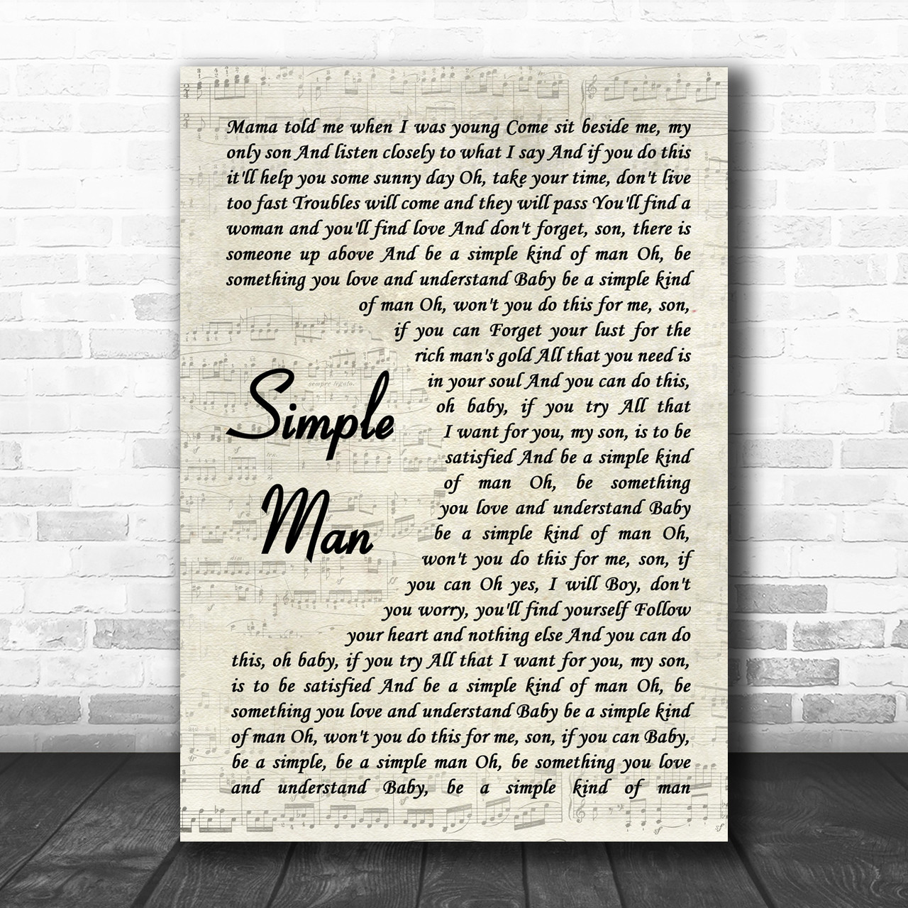 Lynyrd Skynyrd Simple Man Song Lyric Vintage Script Music Wall Art