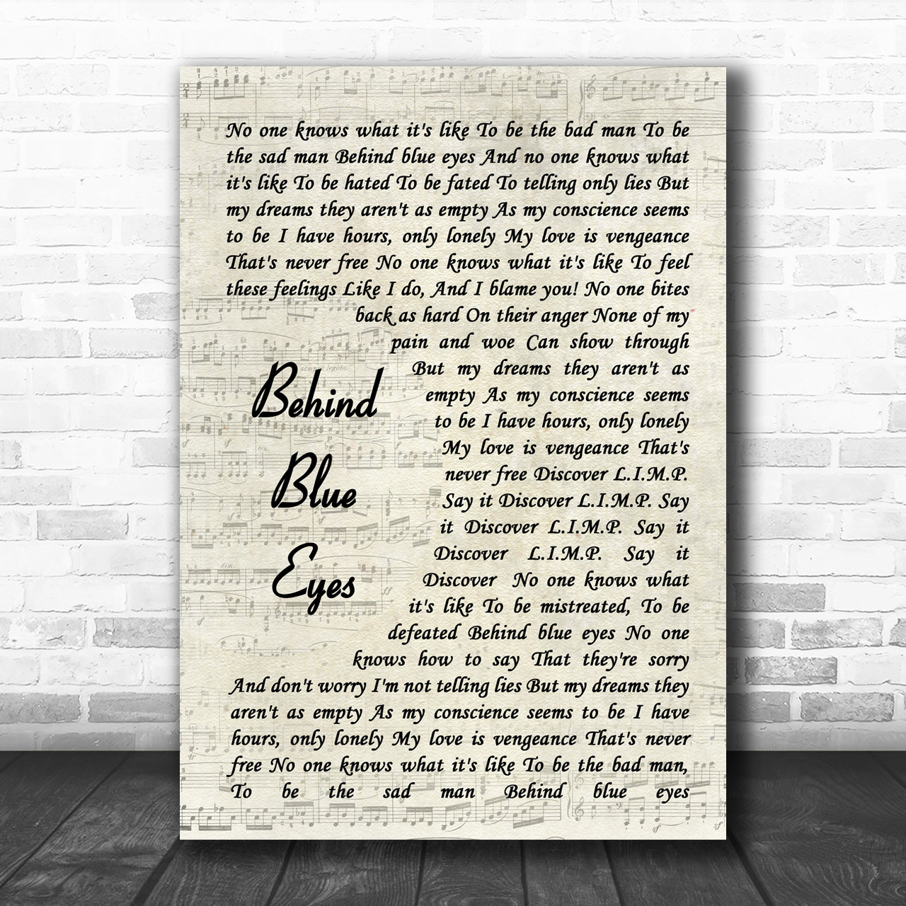 Limp Bizkit Behind Blue Eyes Vinyl Record Song Lyric Quote Print