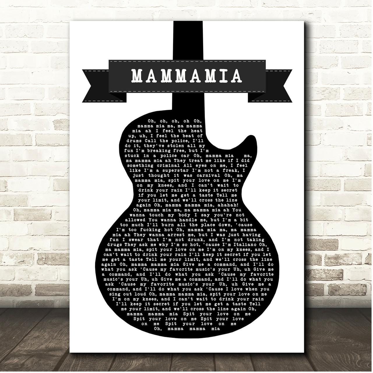 Måneskin MAMMAMIA Black & White Guitar Song Lyric Print - Song Lyric Designs