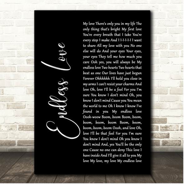 Lionel Richie & Diana Ross Endless Love Black Script Song Lyric Print