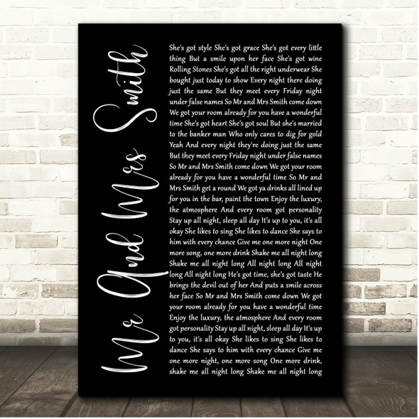 Stereophonics Mr And Mrs Smith Black Script Song Lyric Print