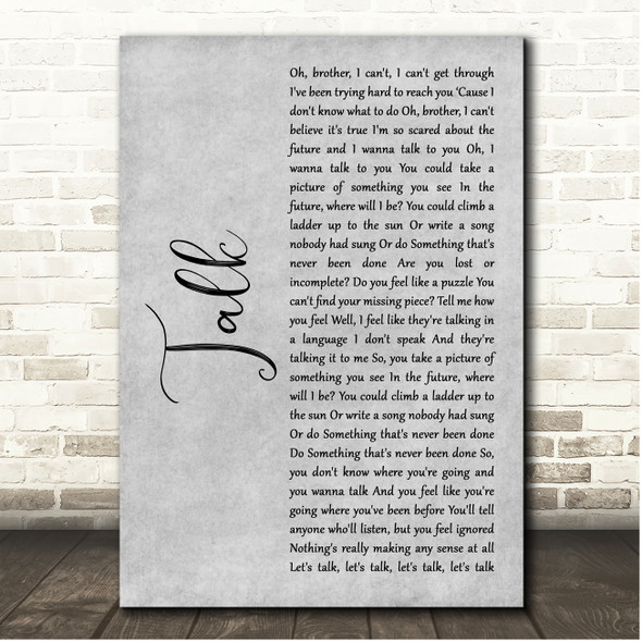 Coldplay Talk Grey Rustic Script Song Lyric Print