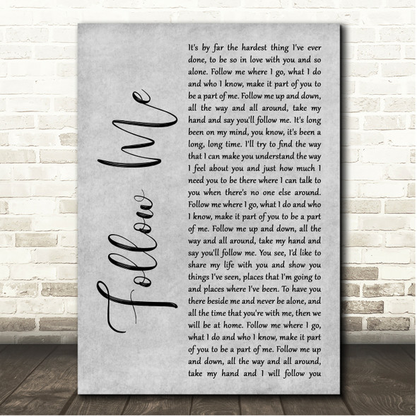 John Denver Follow Me Grey Rustic Script Song Lyric Print