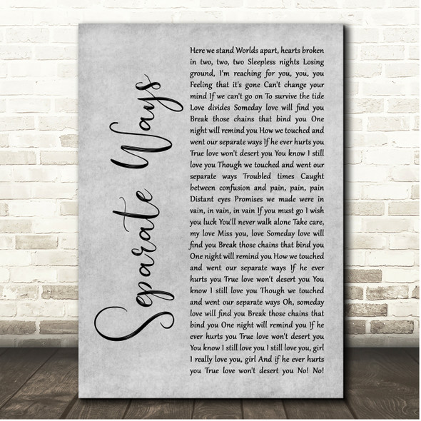 Journey Separate Ways Grey Rustic Script Song Lyric Print