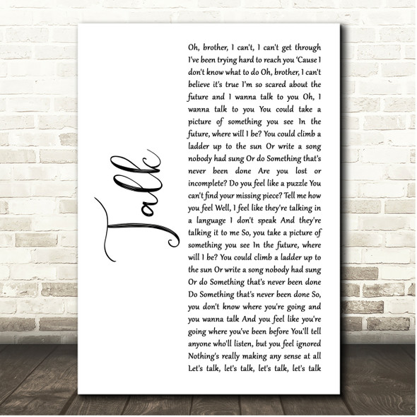 Coldplay Talk White Script Song Lyric Print