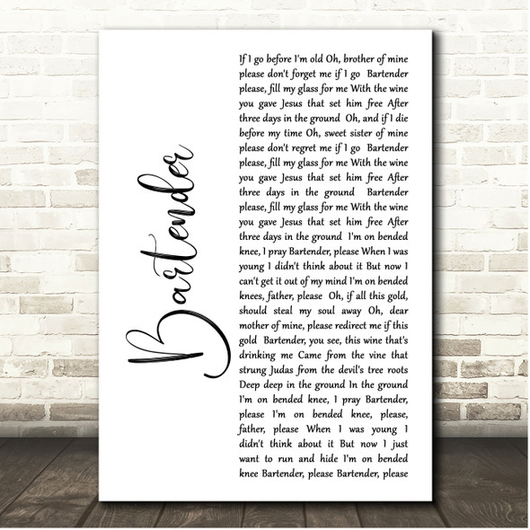 Dave Matthews Band Bartender White Script Song Lyric Print