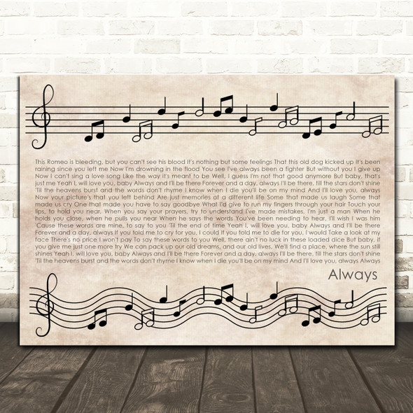 Bon Jovi Always Vintage Music Notes Script Song Lyric Print