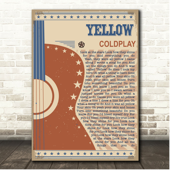 Coldplay Yellow Country Western Festival Guitar Song Lyric Print