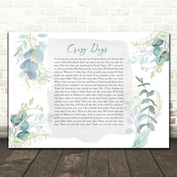 The Shires Crazy Days Green & Gold Watercolour Leaves Song Lyric Print