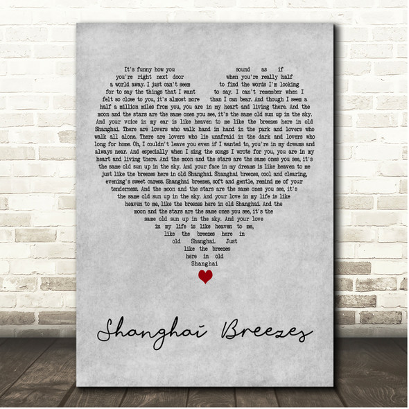 John Denver Shanghai Breezes Grey Heart Song Lyric Print
