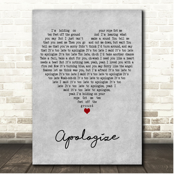 OneRepublic Apologize Grey Heart Song Lyric Print