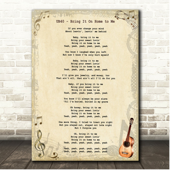 UB40 Bring It On Home to Me Vintage Guitar Song Lyric Print