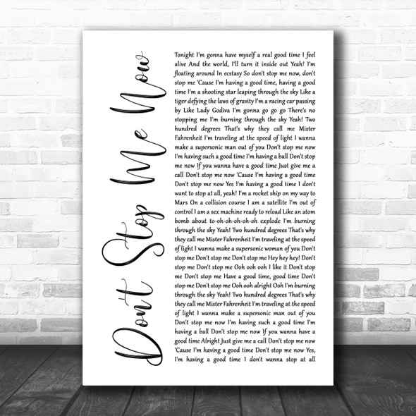 Queen Don't Stop Me Now White Script Song Lyric Music Wall Art Print