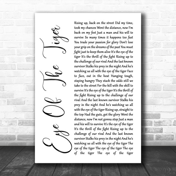 Survivor Eye Of The Tiger White Script Song Lyric Music Wall Art Print